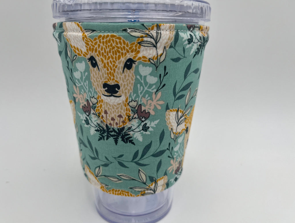 Reversible Coffee Cozy, Insulated Coffee Sleeve, Coffee Cuff, Iced Coffee Sleeve, Hot Tea Sleeve, Cold Drink Cup Cuff - Deer Honeybee Green