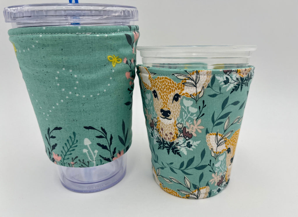 Reversible Coffee Cozy, Insulated Coffee Sleeve, Coffee Cuff, Iced Coffee Sleeve, Hot Tea Sleeve, Cold Drink Cup Cuff - Deer Honeybee Green