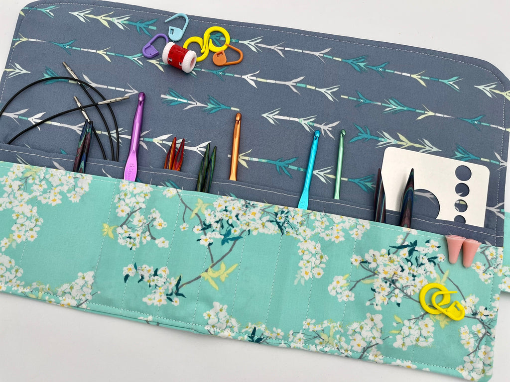 Interchangeable Knitting Needle Case, Knitting Notions Storage, Crochet Hook Roll, Knitting Needle Organizer - Green Floral