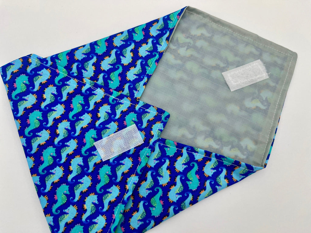 Reusable Sandwich Bag, Mermaid Sandwich Wrap, Reusable Sandwich Mat - Sea Horses Blue