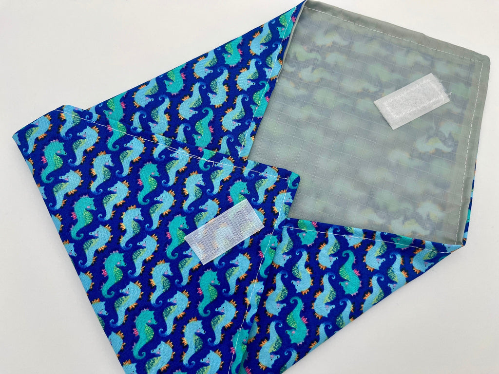 Reusable Sandwich Bag, Mermaid Sandwich Wrap, Reusable Sandwich Mat - Sea Horses Blue