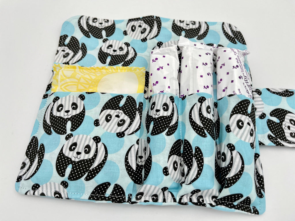 Privacy Pouch, Tampon Case, Sanitary Pad Case, Pad Pouch, Tampon Bag, Tampon Cozy, Tampon Holder - Panda Bears Blue