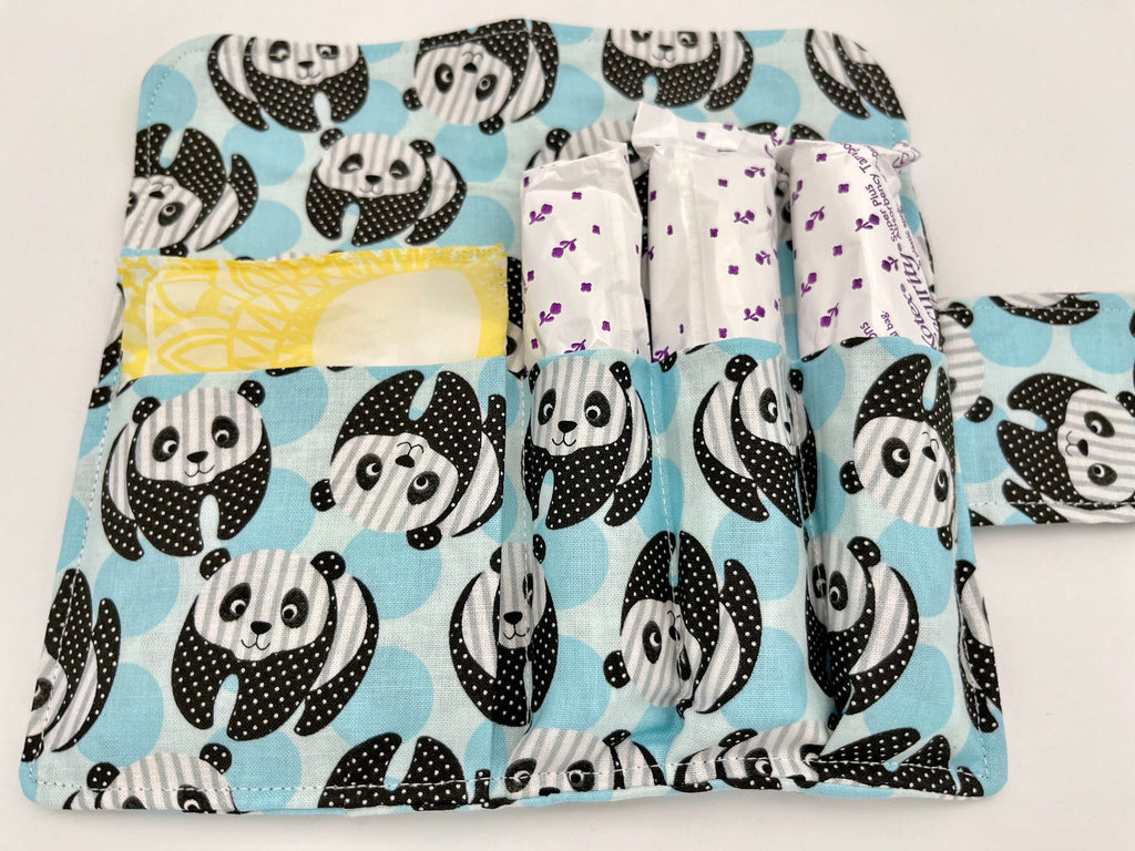 Privacy Pouch, Tampon Case, Sanitary Pad Case, Pad Pouch, Tampon Bag, Tampon Cozy, Tampon Holder - Panda Bears Blue