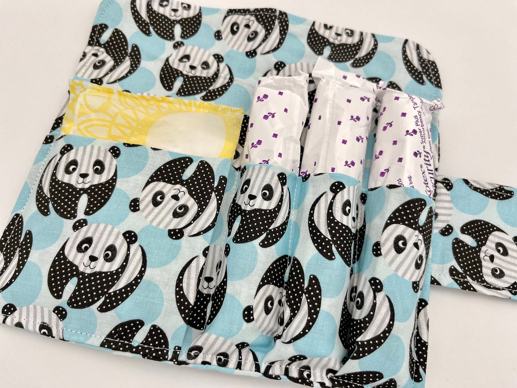 Privacy Pouch, Tampon Case, Sanitary Pad Case, Pad Pouch, Tampon Bag, Tampon Cozy, Tampon Holder - Panda Bears Blue