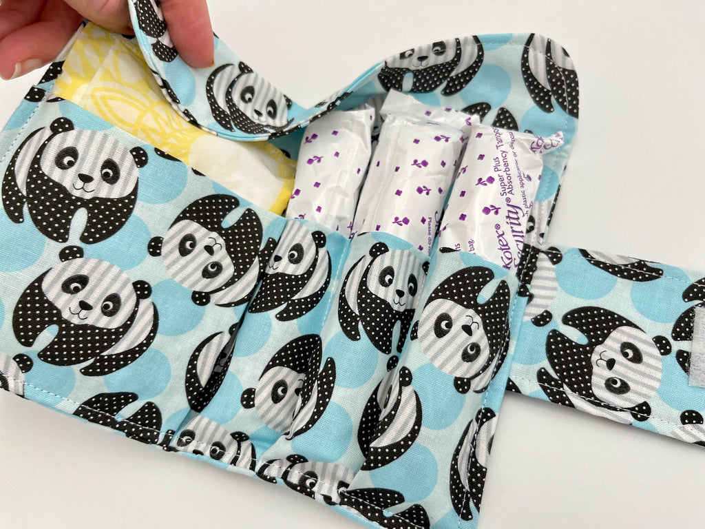 Privacy Pouch, Tampon Case, Sanitary Pad Case, Pad Pouch, Tampon Bag, Tampon Cozy, Tampon Holder - Panda Bears Blue