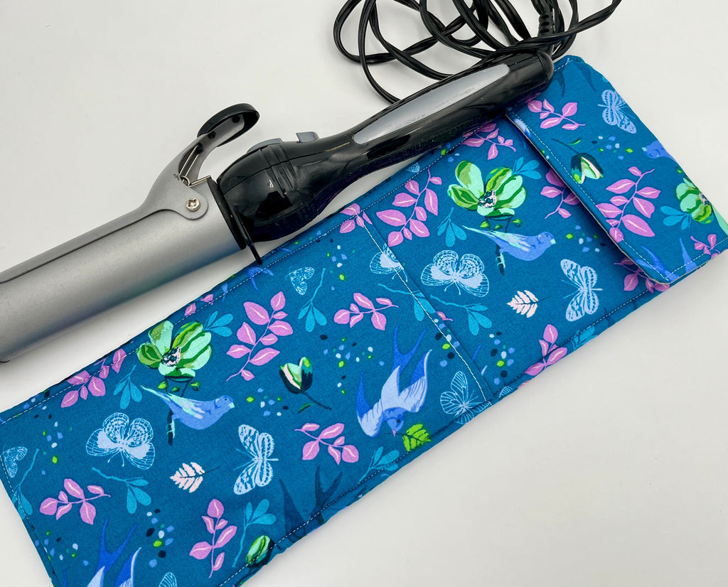 Blue Curling Iron Holder, Curling Iron Case, Flat Iron Holder, Flat Iron Case, Curling Iron Bag, Flat Iron Sleeve - Anew Birds Teal Blue