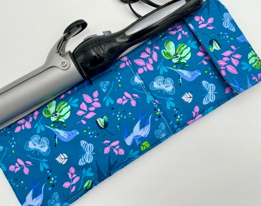 Blue Curling Iron Holder, Curling Iron Case, Flat Iron Holder, Flat Iron Case, Curling Iron Bag, Flat Iron Sleeve - Anew Birds Teal Blue