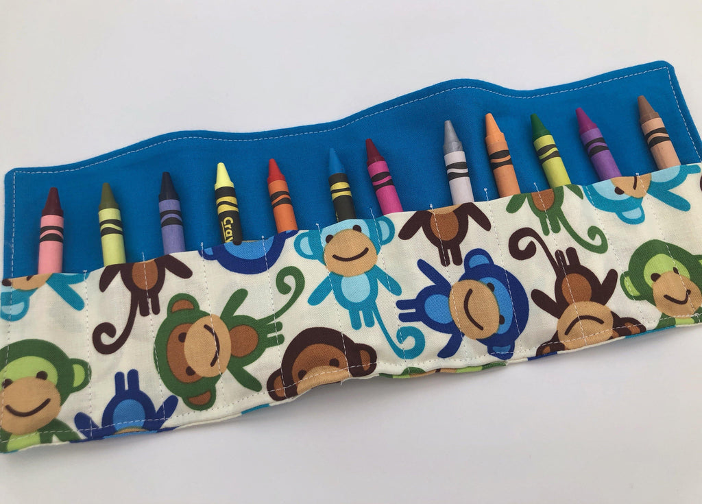 Blue Monkeys Crayon Roll, Preschooler Travel Toy, Animal Crayon Case - EcoHip Custom Designs