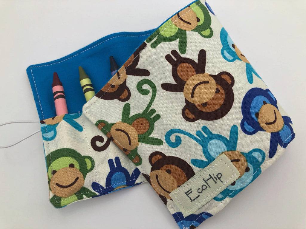 Blue Monkeys Crayon Roll, Preschooler Travel Toy, Animal Crayon Case - EcoHip Custom Designs