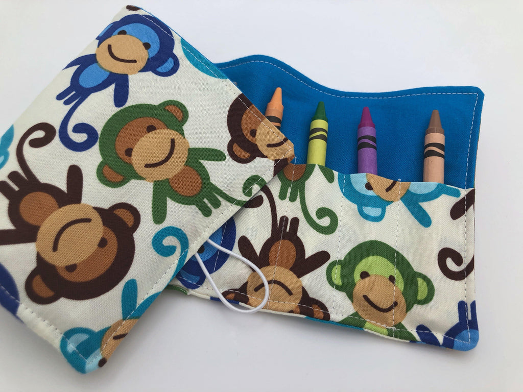 Blue Monkeys Crayon Roll, Preschooler Travel Toy, Animal Crayon Case - EcoHip Custom Designs