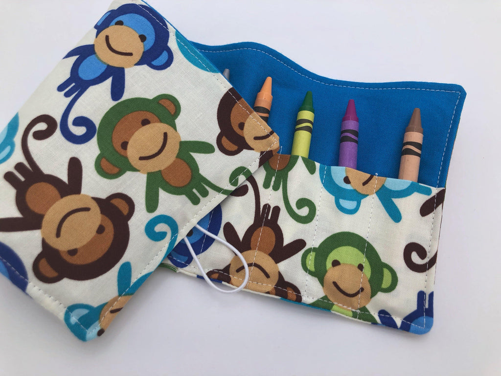 Blue Monkeys Crayon Roll, Preschooler Travel Toy, Animal Crayon Case - EcoHip Custom Designs