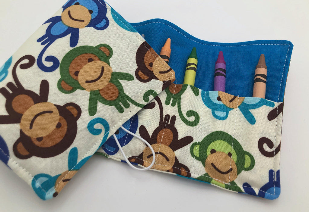 Blue Monkeys Crayon Roll, Preschooler Travel Toy, Animal Crayon Case - EcoHip Custom Designs