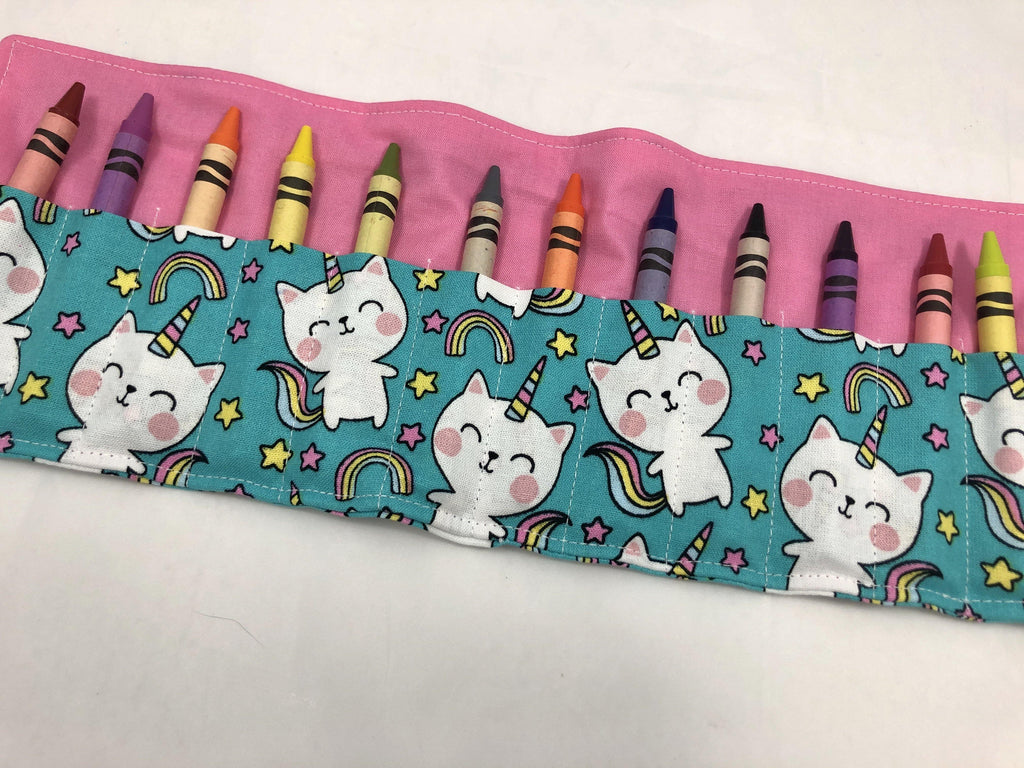 Unicorn Crayon Roll, Girl's Stocking Stuffer, Kitty Cat Crayon Wallet, Blue - EcoHip Custom Designs