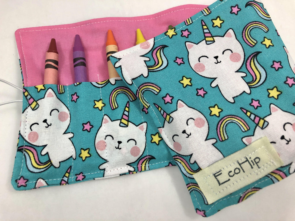 Unicorn Crayon Roll, Girl's Stocking Stuffer, Kitty Cat Crayon Wallet, Blue - EcoHip Custom Designs