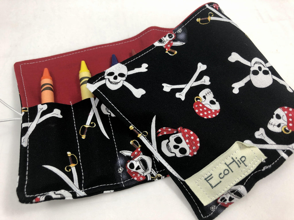 Pirate Crayon Roll, Boy's Travel Toy,  Black Crayon Case, Skull and Crossbones - EcoHip Custom Designs