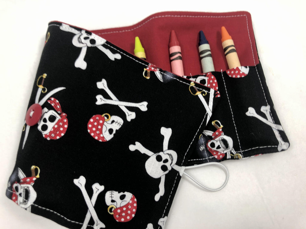 Pirate Crayon Roll, Boy's Travel Toy,  Black Crayon Case, Skull and Crossbones - EcoHip Custom Designs