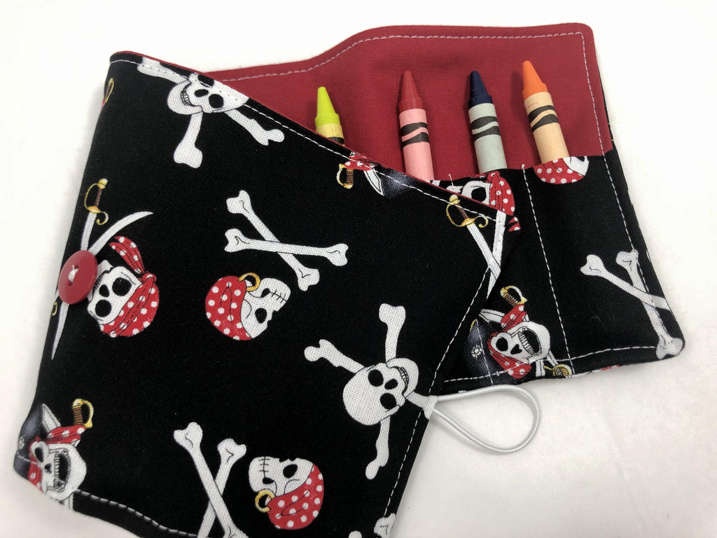 Pirate Crayon Roll, Boy's Travel Toy,  Black Crayon Case, Skull and Crossbones - EcoHip Custom Designs