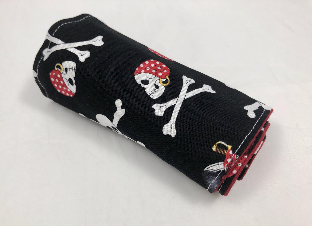 Pirate Crayon Roll, Boy's Travel Toy,  Black Crayon Case, Skull and Crossbones - EcoHip Custom Designs