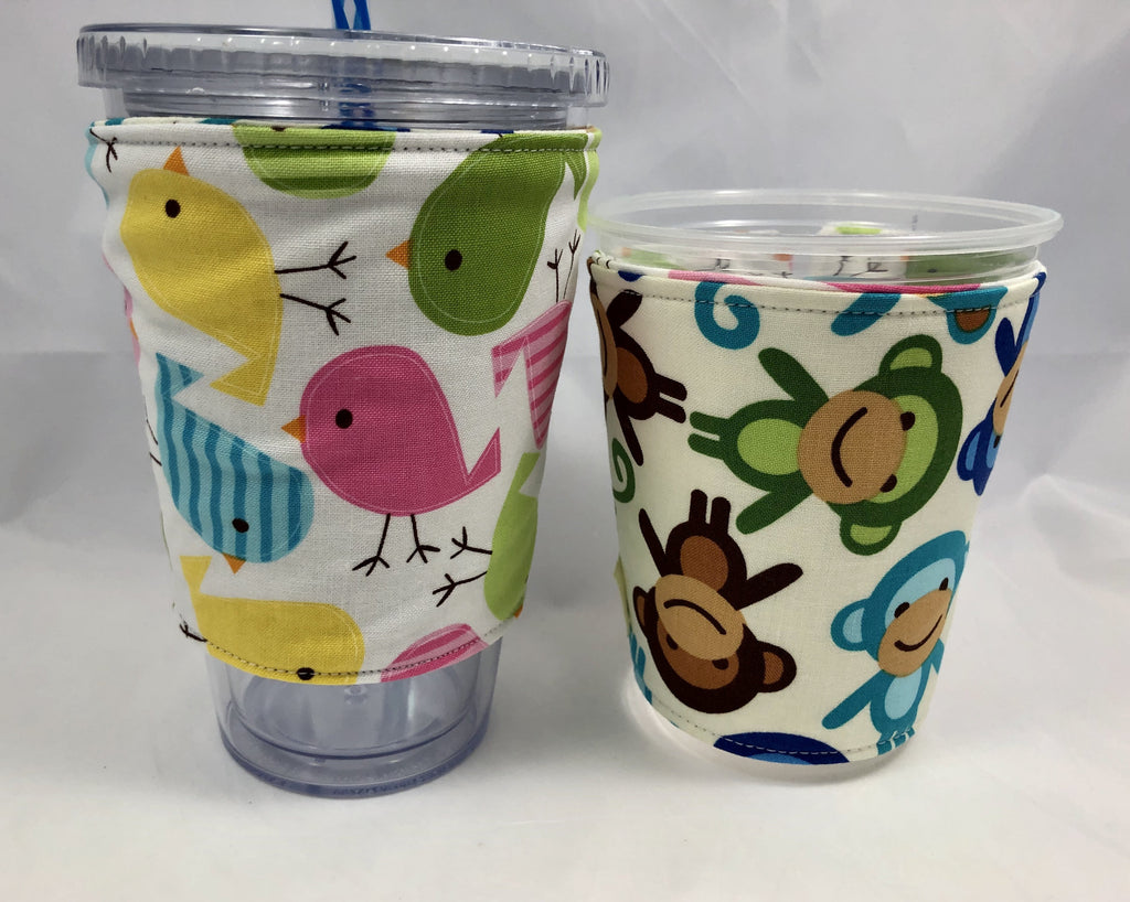 Birds Reversible Coffee Cozy, Insulated Coffee Cup Sleeve, Iced Coffee Cozy, Monkey - EcoHip Custom Designs