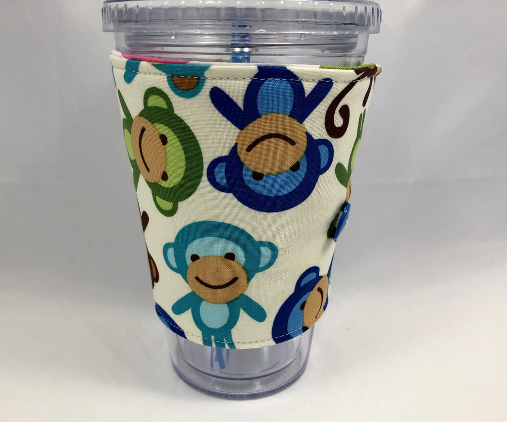 Birds Reversible Coffee Cozy, Insulated Coffee Cup Sleeve, Iced Coffee Cozy, Monkey - EcoHip Custom Designs