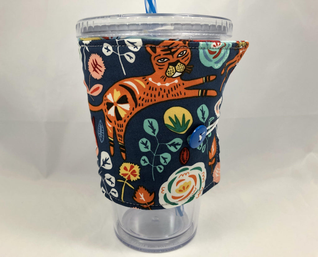 Tiger Reversible Coffee Cozy, Blue Coffee Sleeve, Insulated Cold Drink Cozy, Animals - EcoHip Custom Designs