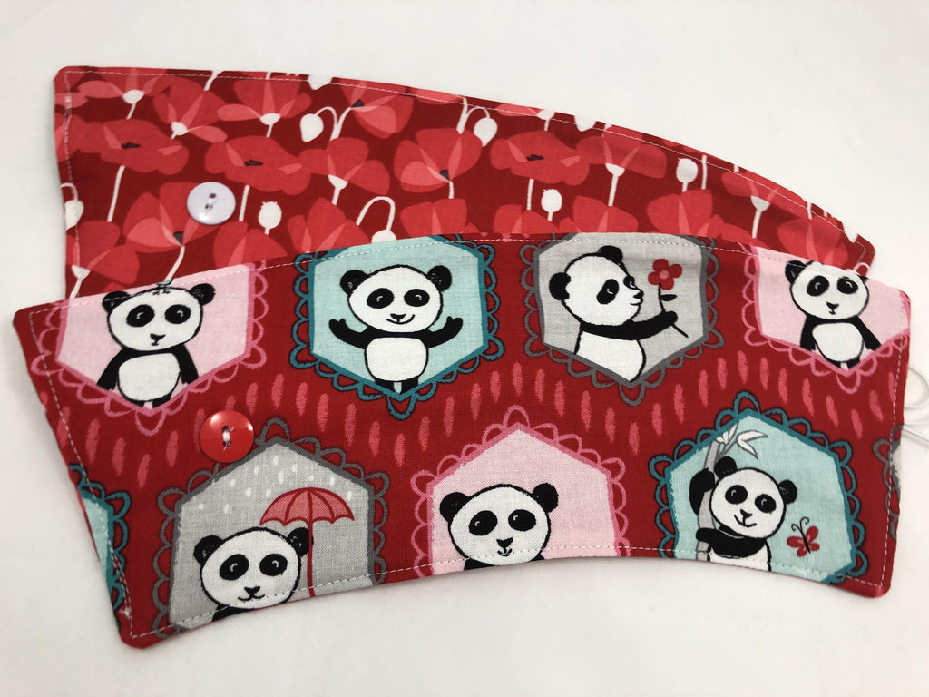 Panda Bear Reversible Coffee Cozy, Red Insulated Iced Coffee Sleeve, Cup Cozy - EcoHip Custom Designs