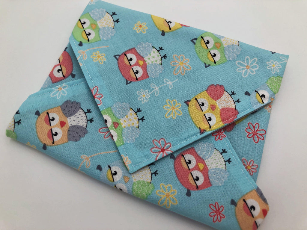 Owls Sandwich Bag, Blue Reusable Sandwich Wrap, Owl School Lunch, Eco-Friendly Napkin - EcoHip Custom Designs