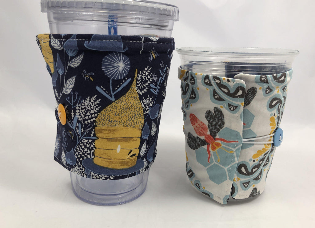 Honey Bee Reversible Coffee Cozy, Blue Iced Coffee Sleeve, Insulated Drink Cozy - EcoHip Custom Designs