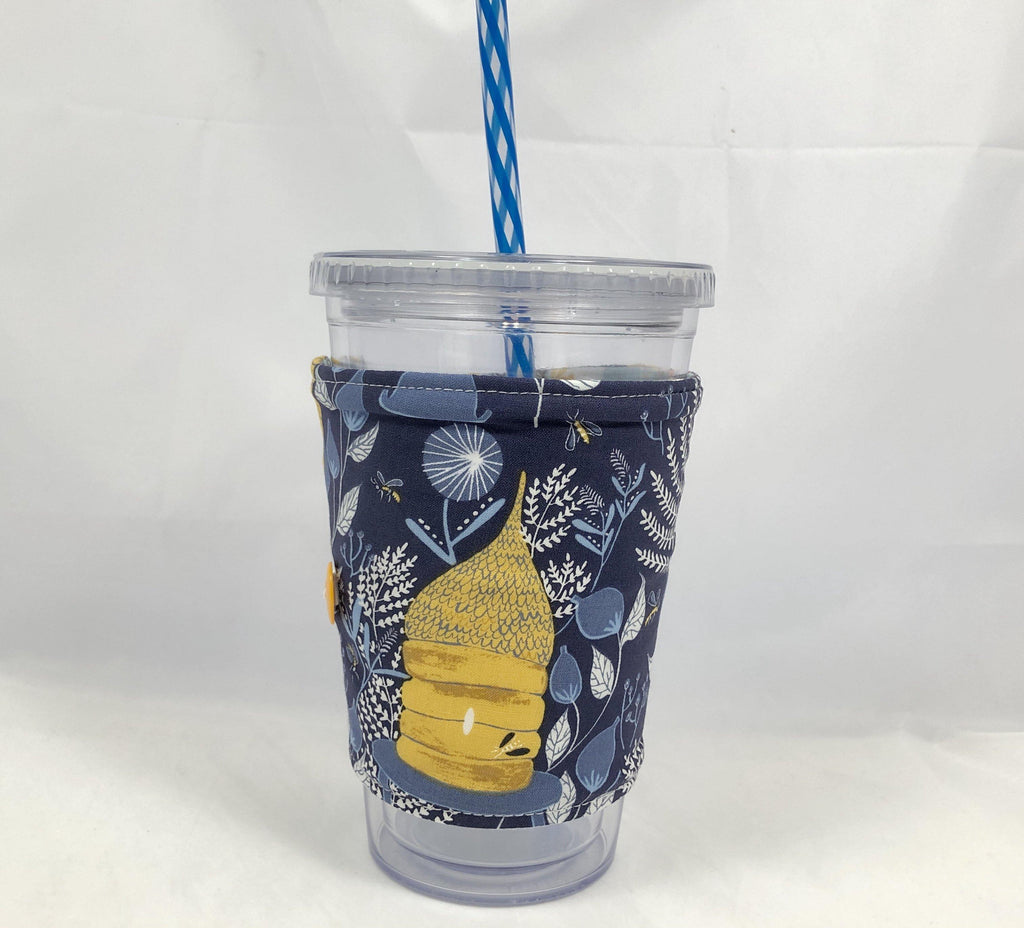 Honey Bee Reversible Coffee Cozy, Blue Iced Coffee Sleeve, Insulated Drink Cozy - EcoHip Custom Designs