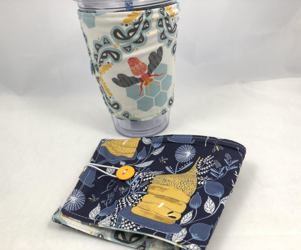 Honey Bee Reversible Coffee Cozy, Blue Iced Coffee Sleeve, Insulated Drink Cozy - EcoHip Custom Designs