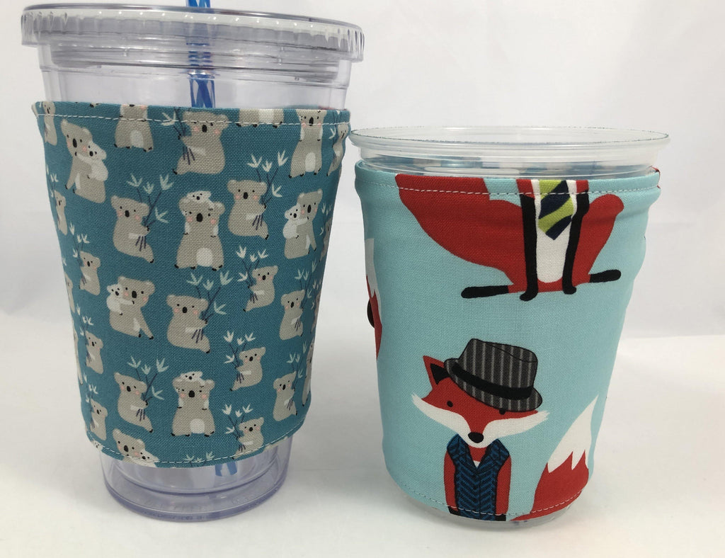 Foxes Reversible Coffee Cozy,  Koala Bear Coffee Cup Sleeve, Blue - EcoHip Custom Designs