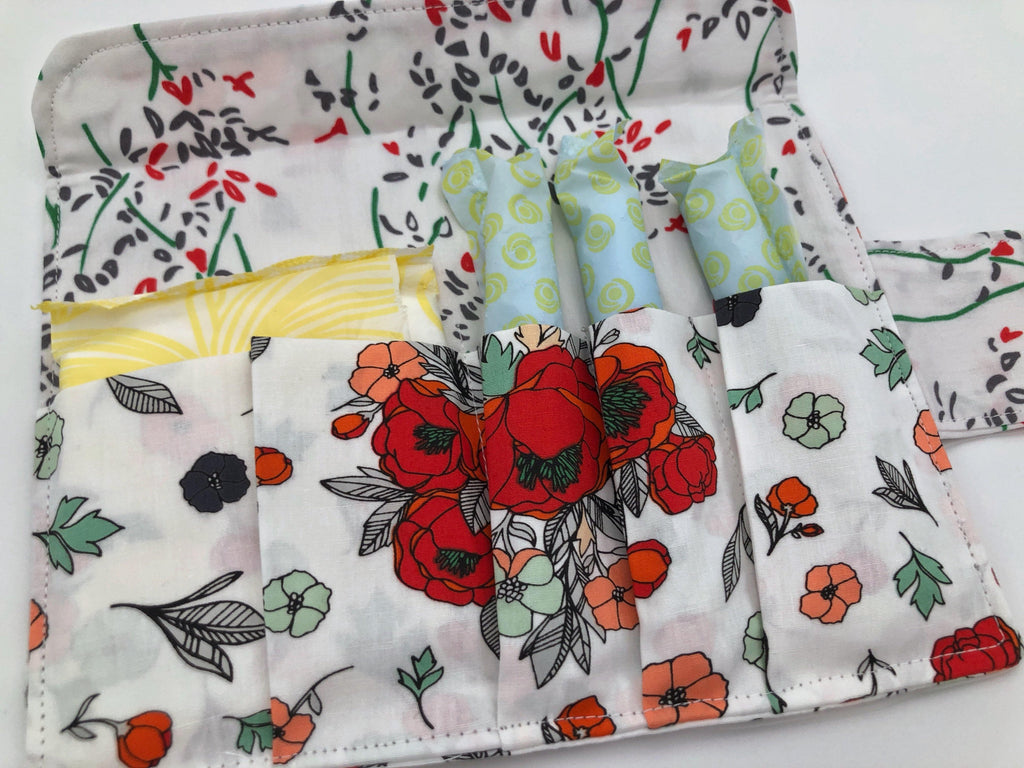 Red Floral Tampon Case, Sanitary Pad Bag, Shark Week Privacy Wallet - EcoHip Custom Designs