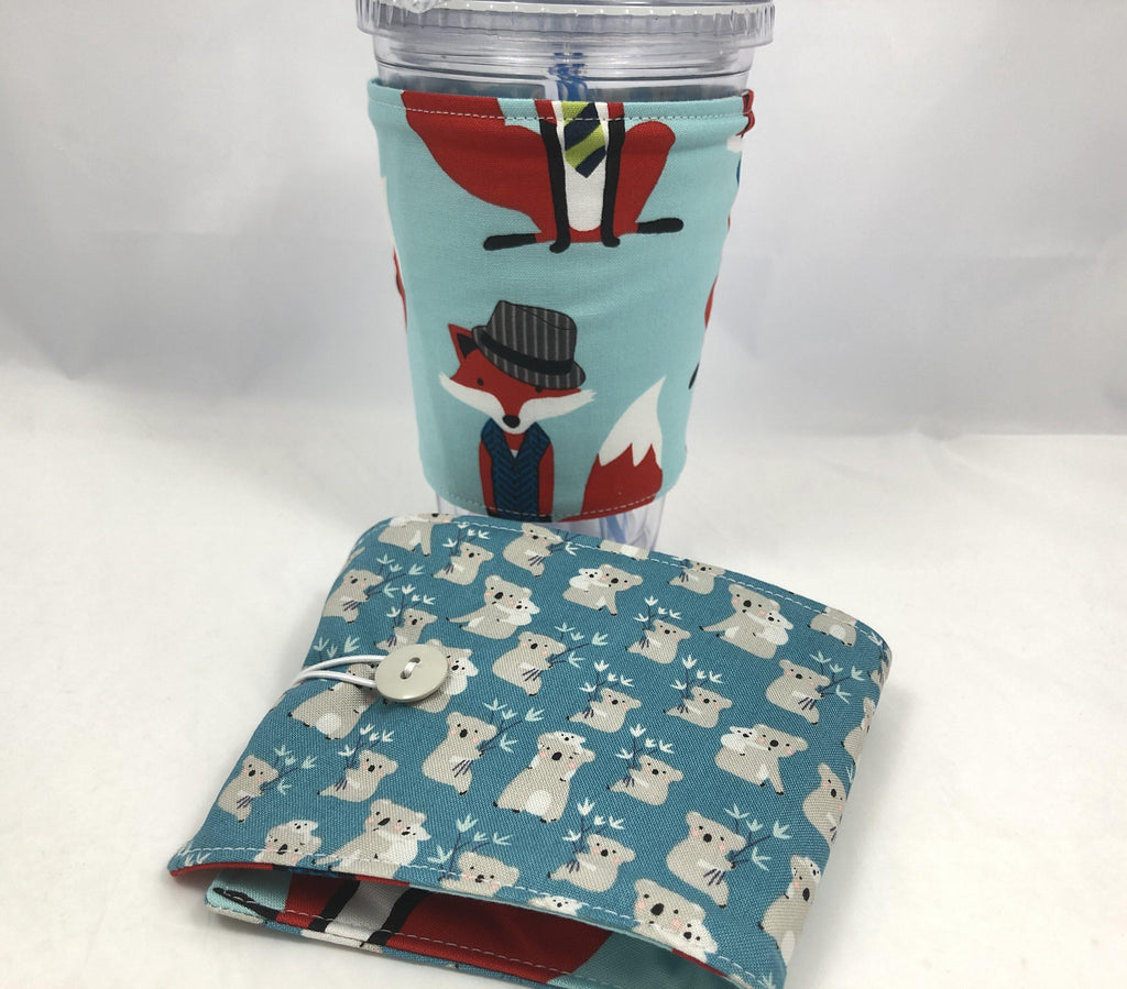 Foxes Reversible Coffee Cozy,  Koala Bear Coffee Cup Sleeve, Blue - EcoHip Custom Designs