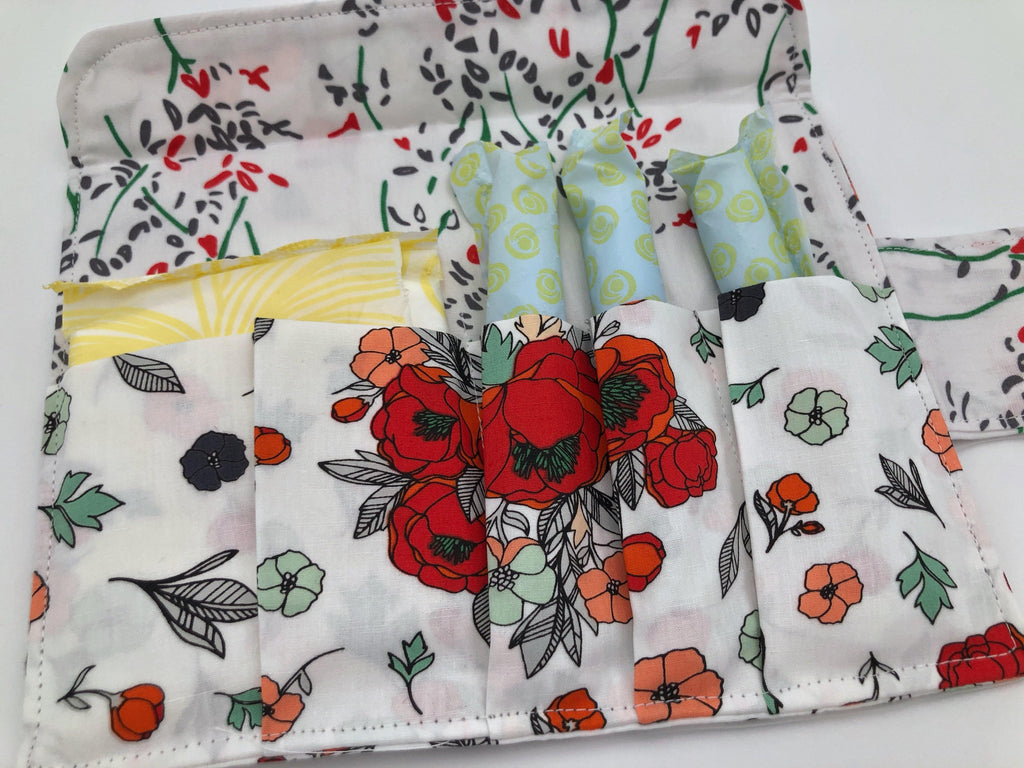 Red Floral Tampon Case, Sanitary Pad Bag, Shark Week Privacy Wallet - EcoHip Custom Designs