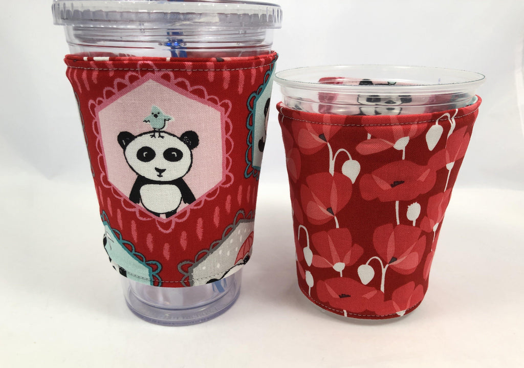 Panda Bear Reversible Coffee Cozy, Red Insulated Iced Coffee Sleeve, Cup Cozy - EcoHip Custom Designs