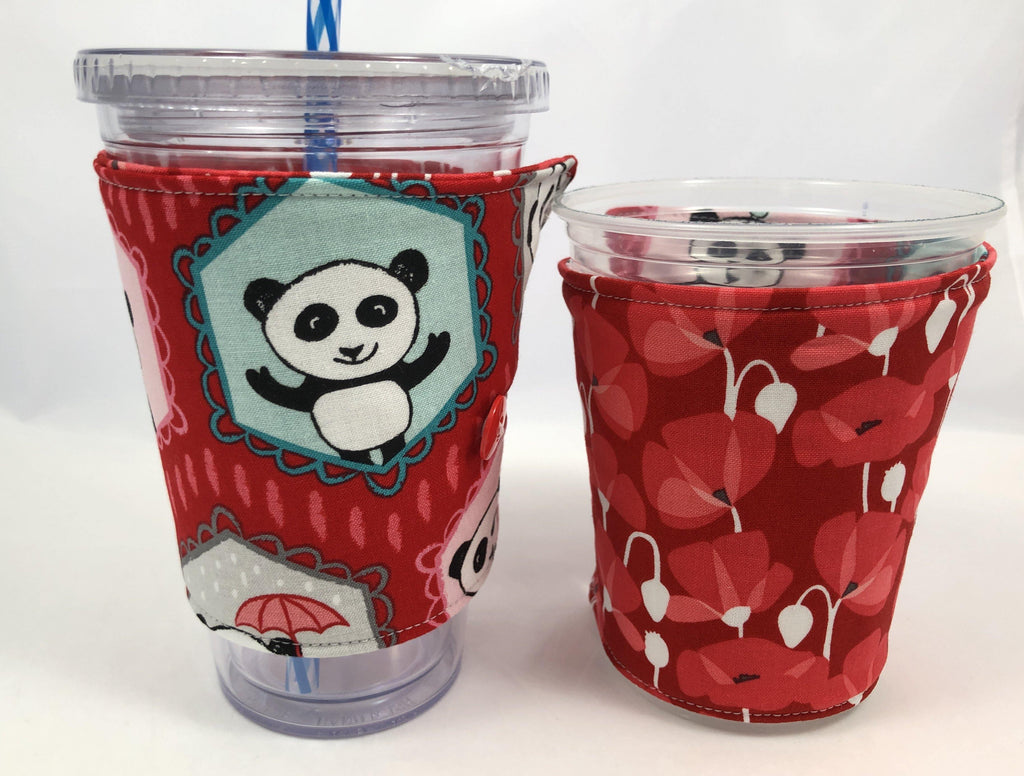 Panda Bear Reversible Coffee Cozy, Red Insulated Iced Coffee Sleeve, Cup Cozy - EcoHip Custom Designs