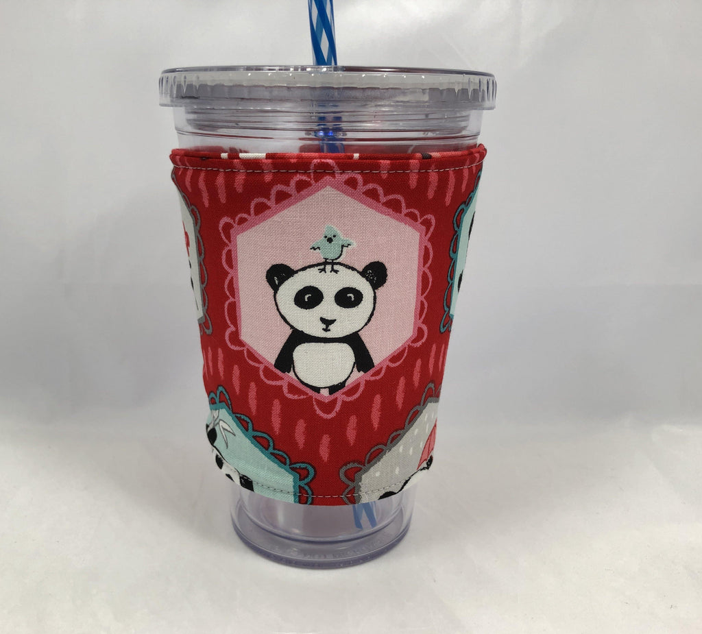 Panda Bear Reversible Coffee Cozy, Red Insulated Iced Coffee Sleeve, Cup Cozy - EcoHip Custom Designs