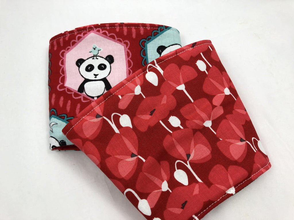 Panda Bear Reversible Coffee Cozy, Red Insulated Iced Coffee Sleeve, Cup Cozy - EcoHip Custom Designs