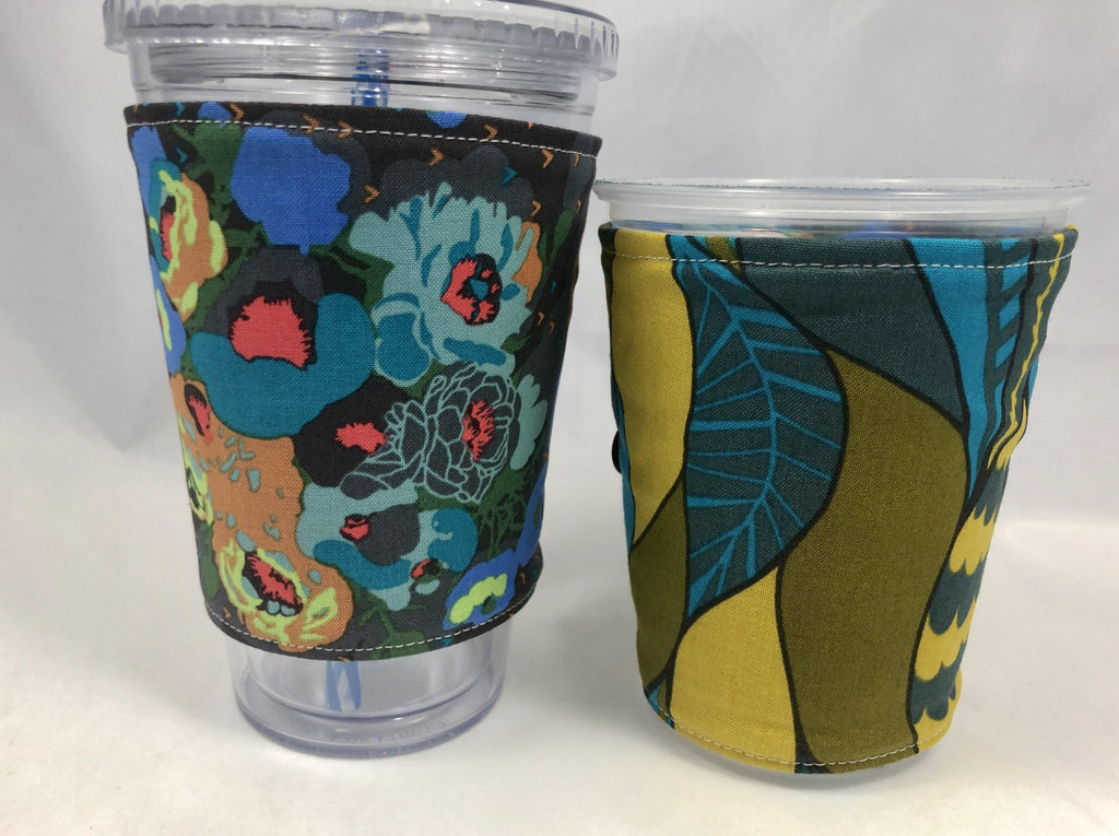 Blue Peonies Reversible Coffee Cozy, Hot Coffee Sleeve, Blue Cup Cozy - EcoHip Custom Designs