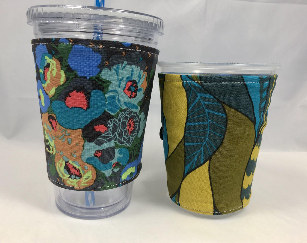 Blue Peonies Reversible Coffee Cozy, Hot Coffee Sleeve, Blue Cup Cozy - EcoHip Custom Designs