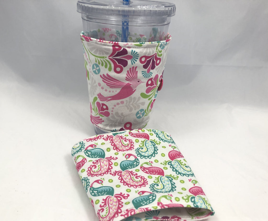 Bird Reversible Coffee Cozy, Paisley Insulated Coffee Cozy, Iced Coffee Lovers - EcoHip Custom Designs