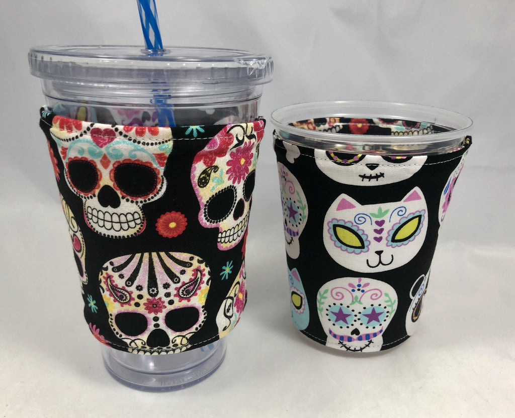 Sugar Skull Reversible Coffee Cozy, Insulated Iced Coffee Cup Sleeve, Day of the Dead - EcoHip Custom Designs