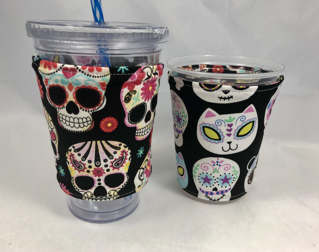 Sugar Skull Reversible Coffee Cozy, Insulated Iced Coffee Cup Sleeve, Day of the Dead - EcoHip Custom Designs