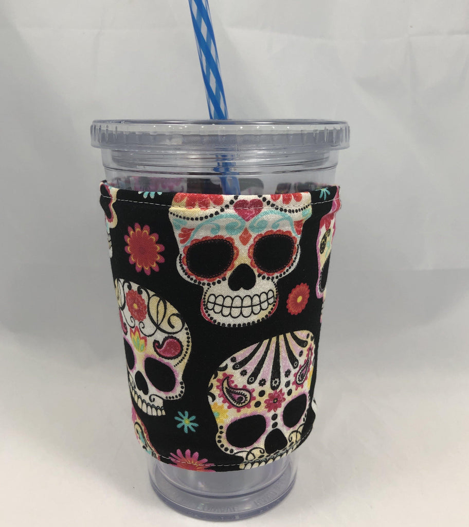 Sugar Skull Reversible Coffee Cozy, Insulated Iced Coffee Cup Sleeve, Day of the Dead - EcoHip Custom Designs