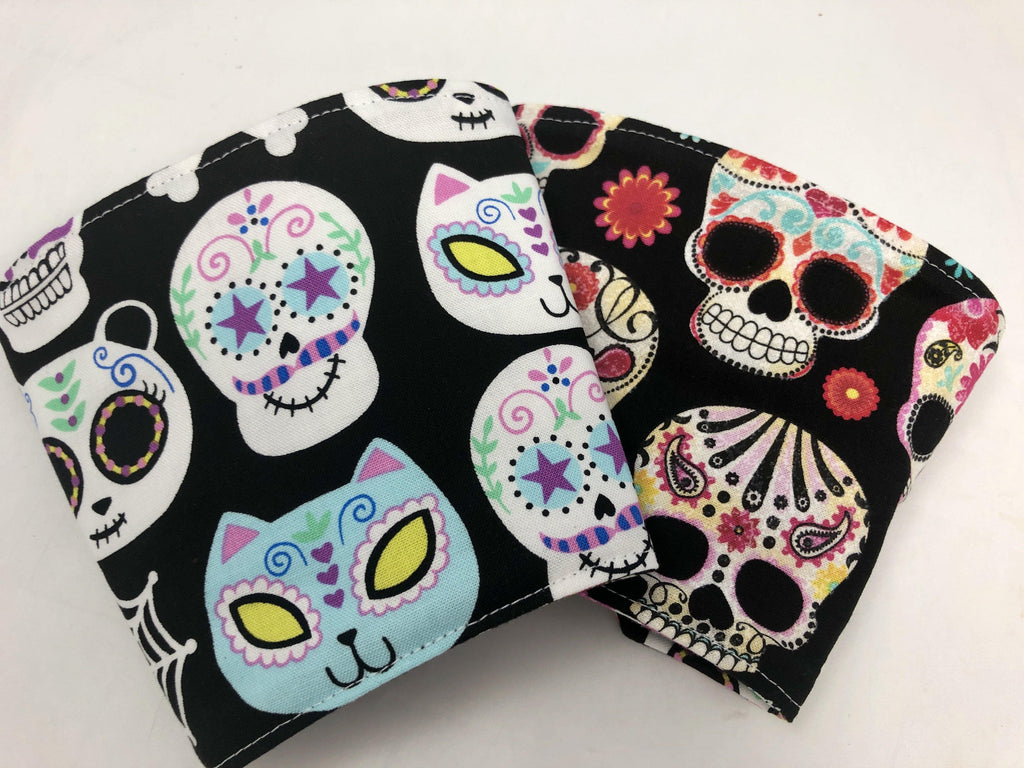 Sugar Skull Reversible Coffee Cozy, Insulated Iced Coffee Cup Sleeve, Day of the Dead - EcoHip Custom Designs