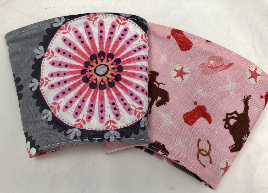 Cowgirl Reversible Coffee Cozy, Pink Cowboy Coffee Sleeve, Coffee Lover - EcoHip Custom Designs