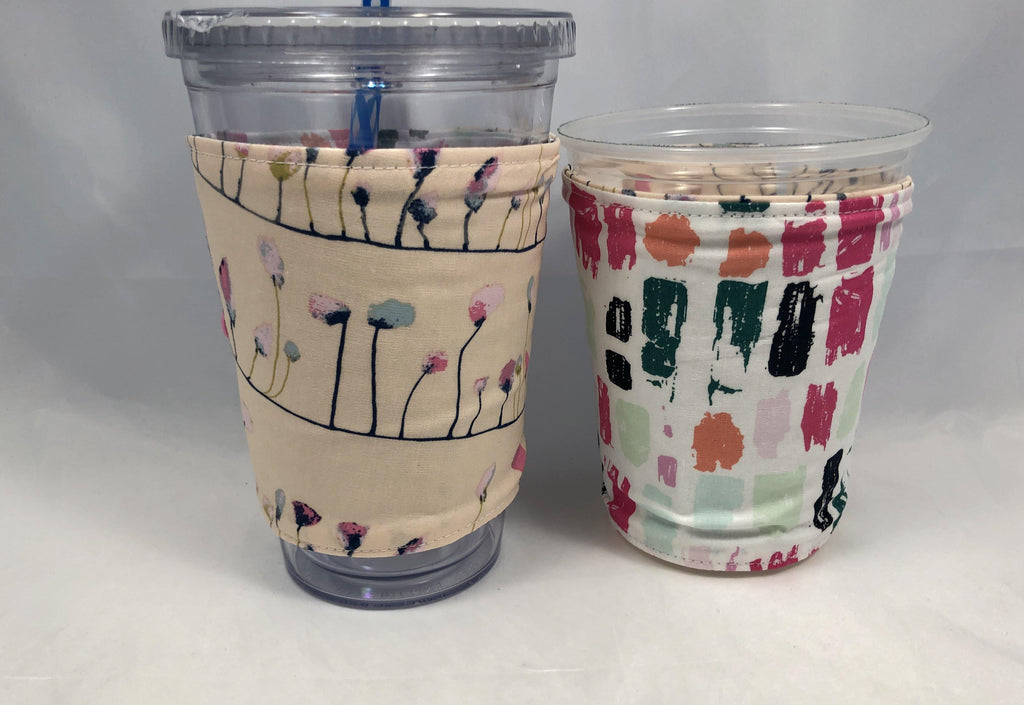 Petals Reversible Coffee Cozy, Retro Iced Drink Cup Sleeve, Hot Tea Lovers - EcoHip Custom Designs