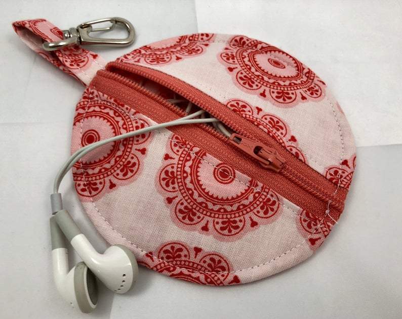 Apricot Red Earbud Case, Headphone Case, Handmade Women's Purse Organizer - EcoHip Custom Designs