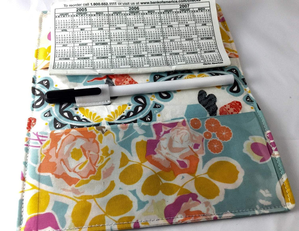 Blue Checkbook Cover, Duplicate Checks, Pen Holder, Purse Organizer, Blossoms - EcoHip Custom Designs