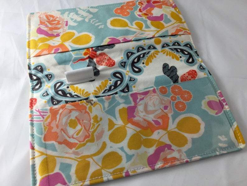 Blue Checkbook Cover, Duplicate Checks, Pen Holder, Purse Organizer, Blossoms - EcoHip Custom Designs